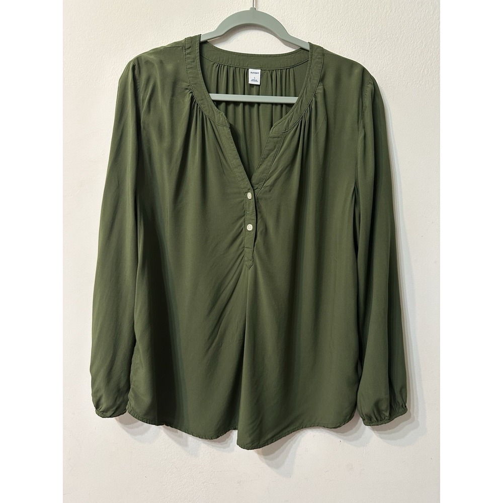 Old Navy Women L Olive Green Split V Neck Long Sleeve Rayon Blouse Popover Top